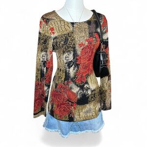 NWT Vintage Whimsical Floral Long Sleeve Top in Red & Gold